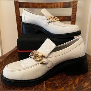 Aqua Chunky Heel White Textured Leather "LENA"  Loafer with Gold Tone Chain